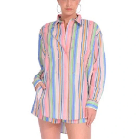 LE SUPERBE Embellished Over You Shirt striped pink silver size small oversize - Picture 2 of 8
